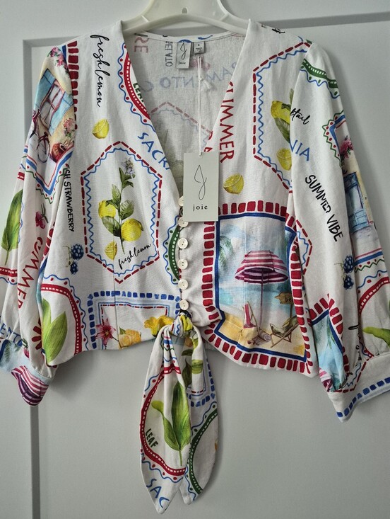 Joie Tops - Joie White Multicolor Beach & Lemon Tie-Front Blouse - Multi-color